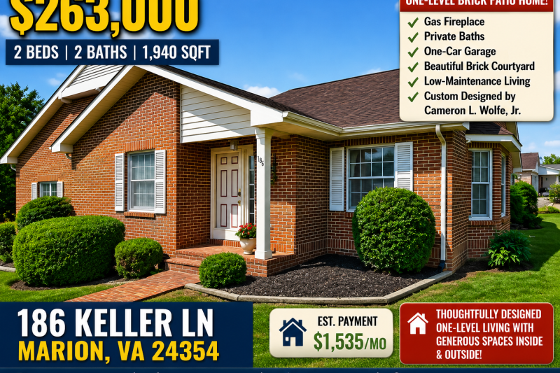 Elegant One-Level Brick Patio Home in Marion, VA Listed for $263,000